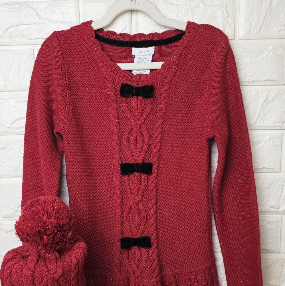 Tahari Girls Red Sweater Dress with Black Bow Accents